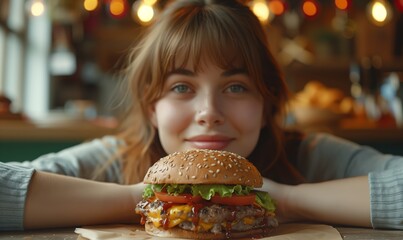 Beautiful young woman smiling and eating a burger on the background of a restaurant or bistro