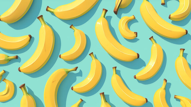 Yellow bananas on a blue background. Top view. Bright summer pattern with yellow bananas.