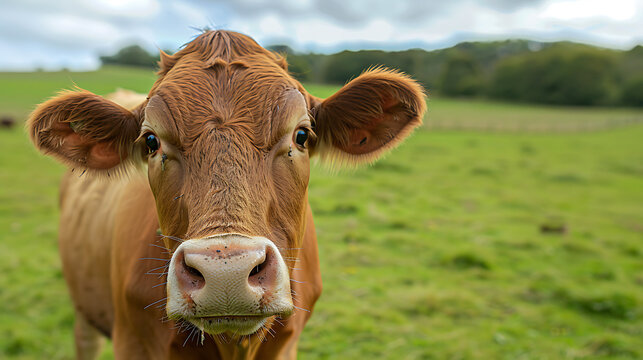 A captivating image featuring a curious cow gazing directly at the camera with gentle brown eyes, framed against the backdrop of a lush green pasture.