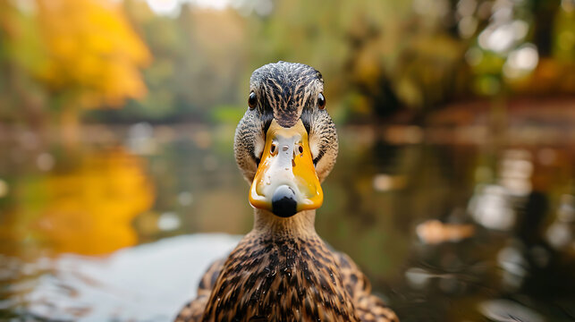 A charming image featuring a curious duck gazing directly at the camera with bright, beady eyes, set against the serene backdrop of a tranquil pond.