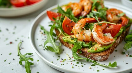 Delicious avocado toast with fresh arugula and shrimps on white plate on white table