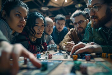Group of Young Adults Playing a Tabletop Game - obrazy, fototapety, plakaty