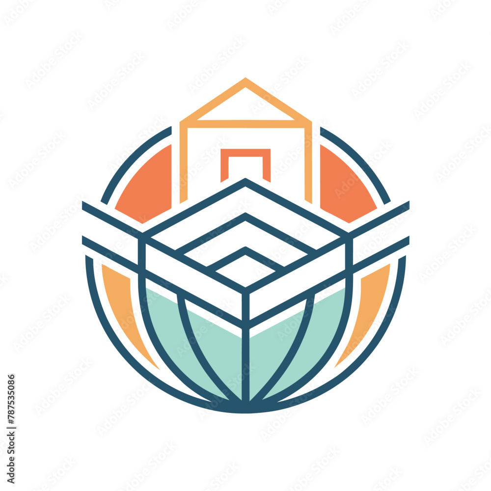 Poster a logo featuring a central house icon surrounded by abstract lines and shapes in a minimalist style,