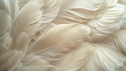 An elegant image of white feathers in soft light. Closeup of white feathers creating a textured background.
