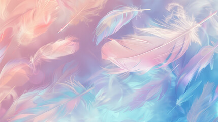 Fototapeta na wymiar Light and airy feathers on a soft multi-colored background. Smoothly falling feathers in pastel colors of pink and blue.