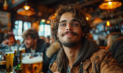 Young happy man having fun with is friends while eating hamburgers and drinking beer in a pub - Powered by Adobe