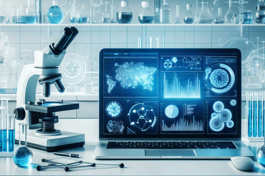 A modern research laboratory with a microscope, many tubes with biomaterial and a laptop on the table. On the computer screen, biostatistics data on a world map. AI generative.
