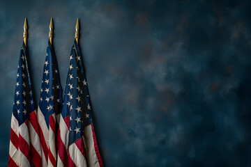 solemn beauty of American flags against a deep blue background, paying tribute to the bravery and resilience of veterans on Veterans Day, Labor Day, and Independence Day. - obrazy, fototapety, plakaty