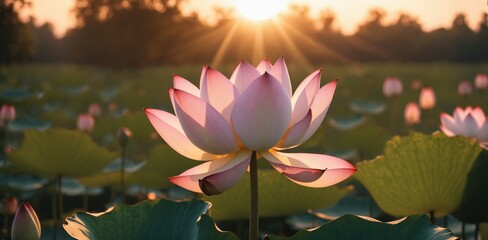 Beautiful lotus flower blooming in the pond at sunset.