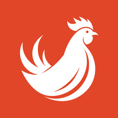 A white rooster standing on a vibrant red background, A clean and simple logo featuring a chicken silhouette, minimalist simple modern vector logo design