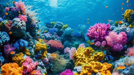 A closeup image of a coral reef showcasing its vibrant colors and diverse marine life. The caption explains that the reef is part of a protected area where biofuelpowered boats are . - obrazy, fototapety, plakaty