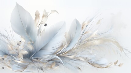 Elegant abstract featuring delicate feathers and floral elements.