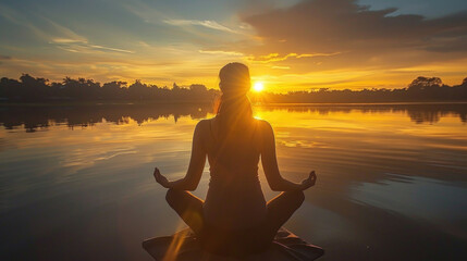 A woman is sitting in a lotus position in front of a lake, practicing meditation and mindfulness