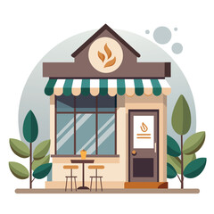 A coffee shop with a green and white awning, A cozy cafe with a sleek, minimalist logo and a welcoming atmosphere