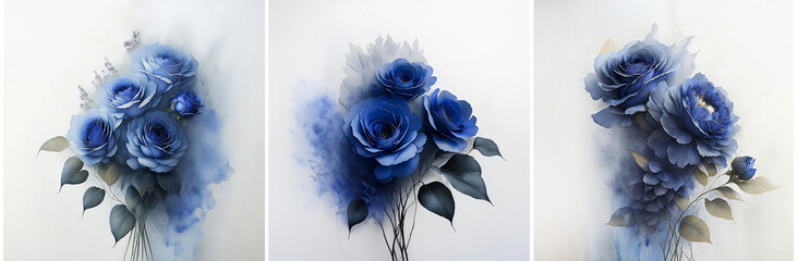 Tryptyk kwiaty róże, niebieski kolor. Dekoracja na ściane. Tapeta kwiatowa - obrazy, fototapety, plakaty