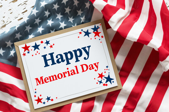 impactful photograph capturing a beautiful greeting card adorned with the sentiment "Happy Memorial Day" alongside a tasteful depiction of the American flag, set against a backdrop