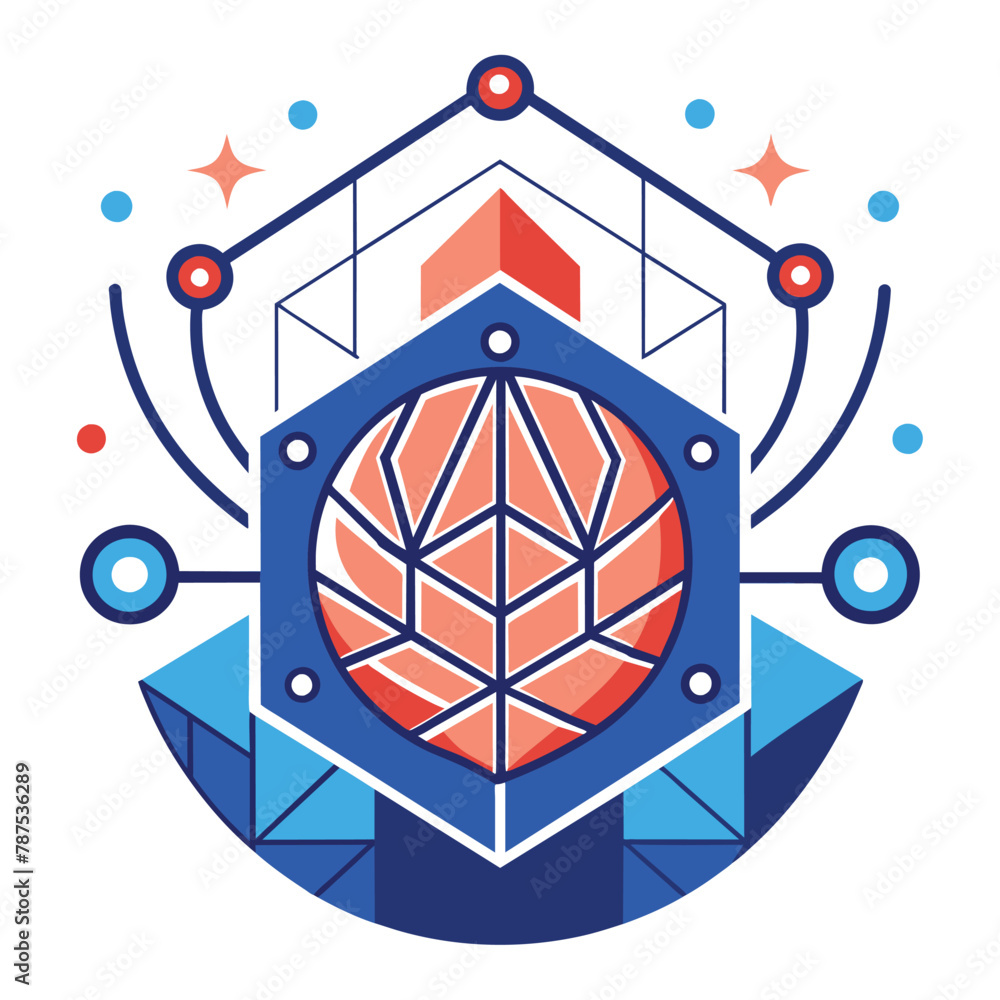 Poster stylized illustration of a sphere encased by various geometric shapes, representing a futuristic log