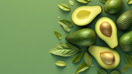 Cut and whole ripe avocados on a green background. Copy space.