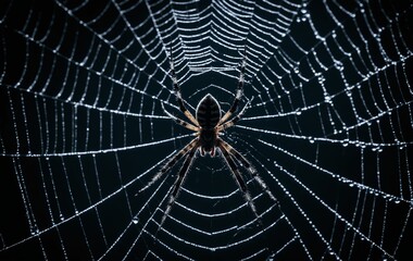 Obraz premium spider on the web with dew drops in the dark night