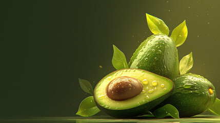 Ripe avocados with water drops on a green background. Cut avocado with a pit, surrounded by green leaves.