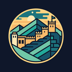 A mountain landscape featuring a prominent castle in the center, A geometric interpretation of the Great Wall of China, minimalist simple modern vector logo design