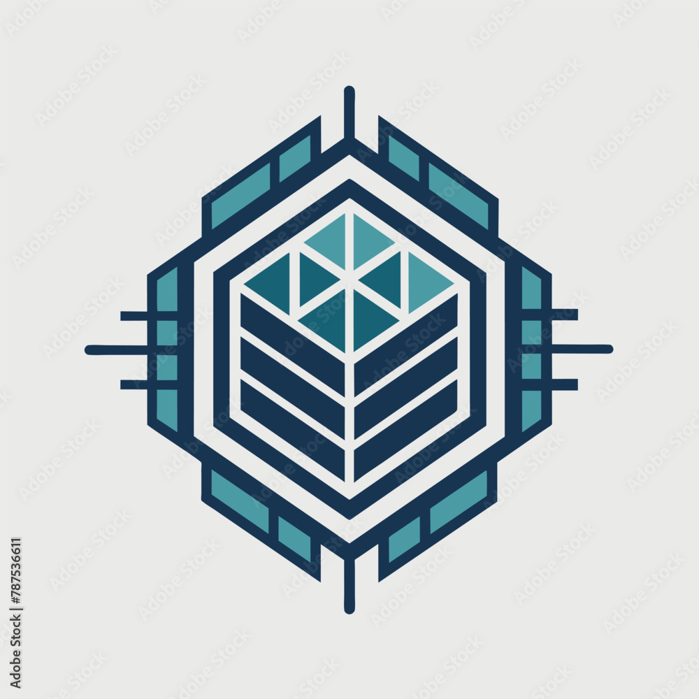 Poster a hexagonal logo featuring a grid-like pattern in blue and white colors, a grid-like pattern reminis