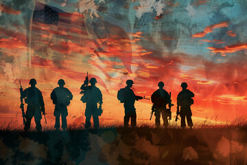 stirring silhouette of soldiers against a majestic sunset, evoking the spirit of patriotism and unity for a greeting card honoring the courage and dedication of veterans on Veteran - obrazy, fototapety, plakaty