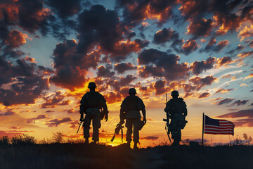 stirring silhouette of soldiers against a majestic sunset, evoking the spirit of patriotism and unity for a greeting card honoring the courage and dedication of veterans on Veteran