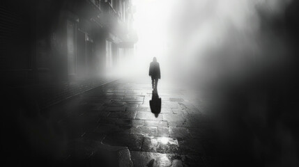 A person is walking down a dimly-lit street at night, surrounded by darkness and illuminated only by sparse streetlights