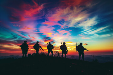 inspiring photograph of the silhouettes of soldiers against the backdrop of a colorful sunset sky, symbolizing hope and resilience for a greeting card commemorating Veterans Day, M - obrazy, fototapety, plakaty