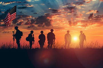 powerful image of soldiers' silhouettes against the warm glow of the setting sun, serving as a poignant reminder of the sacrifices made for freedom on Veterans Day, Memorial Day, a - obrazy, fototapety, plakaty