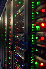 Naklejka premium A row of computer servers with green lights on them