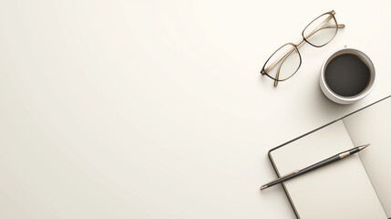 Minimalistic desktop with a cup of coffee, notepad and glasses. Top view. Light white background.