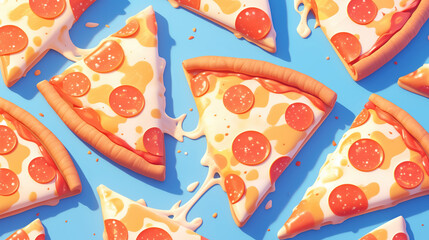 Pepperoni pizza slices evenly spaced on a blue background.