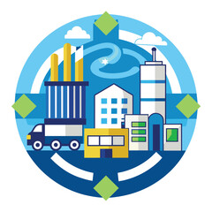 View of a bustling city with tall buildings and trucks on the roads, A minimalist graphic symbolizing the intricacies of supply chain management in industry