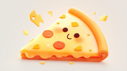 A cheerful slice of pizza with a face, decorated with tomatoes and olives, on a light background.