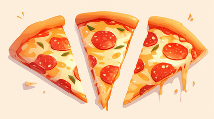 Three slices of pepperoni pizza on a light background.