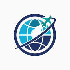An airplane in flight circles around the Earth, showcasing global travel and exploration, A minimalist logo depicting a satellite orbiting Earth for a global news channel