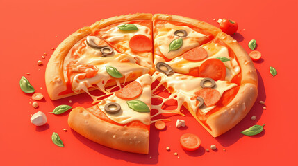 Pieces of pizza with mozzarella, pepperoni and basil on a red background.