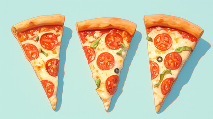 Three slices of pizza with tomatoes, olives and cheese on a light blue background.