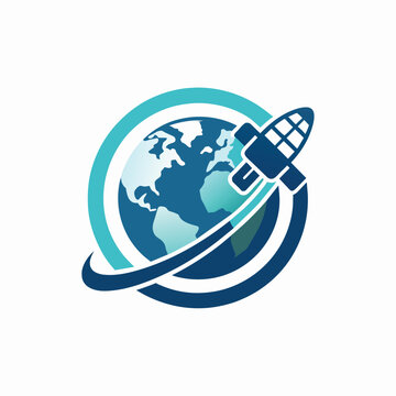 Minimalist logo design featuring a rocket in the center, surrounded by blue and white colors, A minimalist logo depicting a satellite orbiting Earth for a global news channel