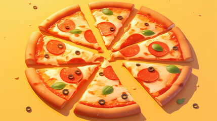 Pizza cut into pieces with tomatoes, basil, cheese, on a yellow background.