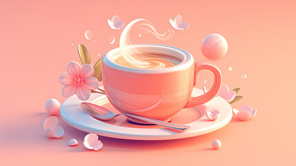 Cappuccino in a pink cup on a saucer, decorated with sakura flowers on a pink background.  3D illustration