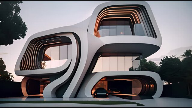 Smooth curves house in futuristic style with big windows. White color luxury villa futuristic curvy style.