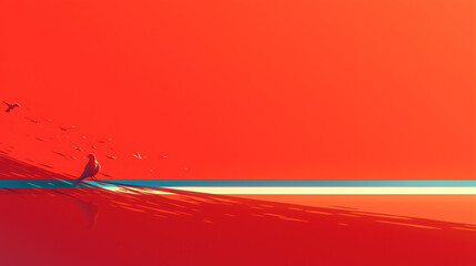 Abstract red background with a blue line and a bird sitting on the line.