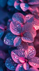 A close up of a bunch of purple flowers with water droplets on them, AI