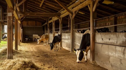 Beautiful herd of purebred cows in the cowshed of a modern farm with milking cows eating hay