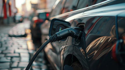 Close up of modern electric car charging on charging station in the city. Eco concept.