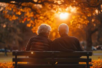 Retirement bliss concept, an elderly couple seen from behind in nature sitting on a bench together during sunset - 787538806