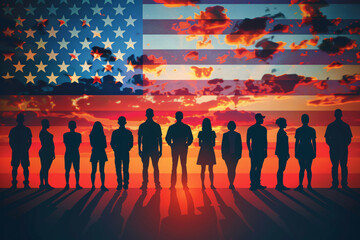 American people, US election. Silhouettes of diverse American citizens in front of an American Flag - obrazy, fototapety, plakaty